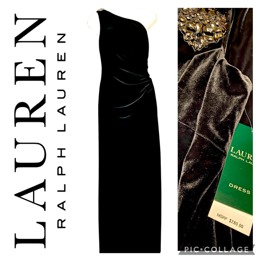 NWT LAUREN RALPH LAUREN Black Velvet One Shoulder Dress Beaded Shoulder Accent